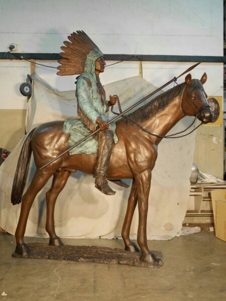 Bronze Indian on Horse Life Size Spear Head Dress Sculpture Statue